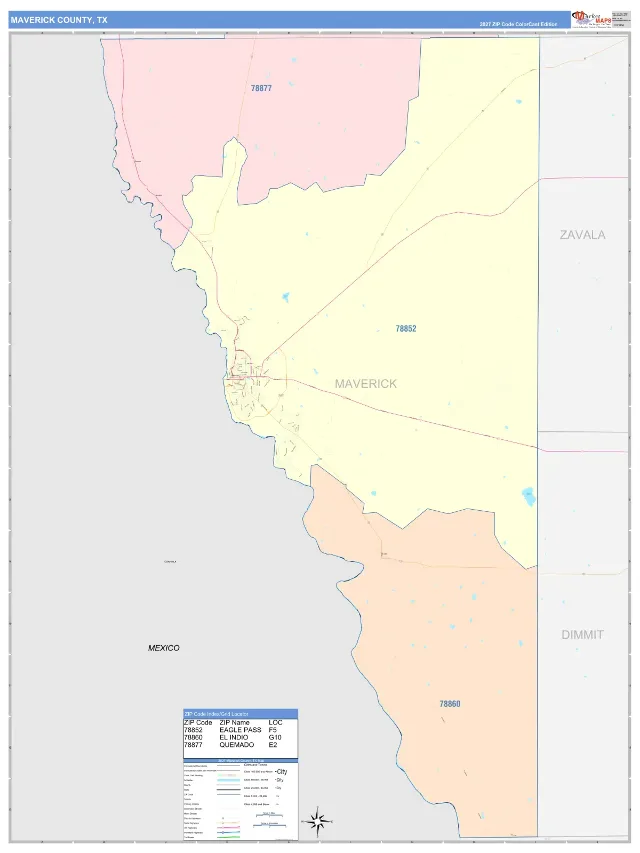 Maverick County, TX ZIP Code Wall Map, ColorCast style