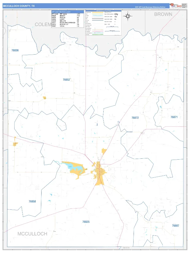 McCulloch County, TX ZIP Code Wall Map, Business Reference style