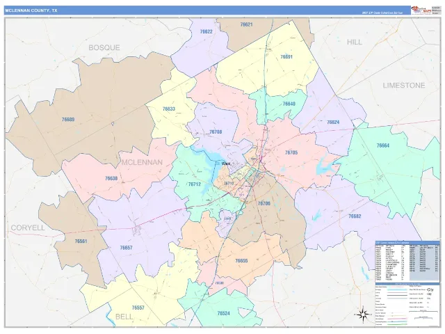 McLennan County, TX ZIP Code Wall Map, ColorCast style