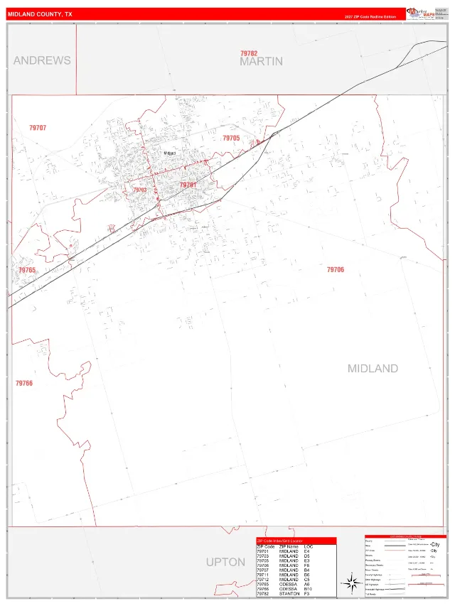 Midland County, TX ZIP Code Wall Map, RedLine style