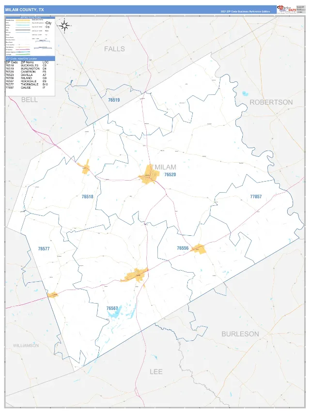Milam County, TX ZIP Code Wall Map, Business Reference style