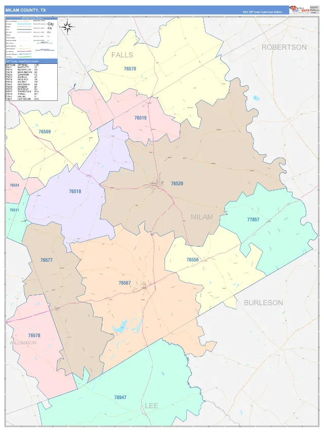 Milam County, TX ZIP Code Wall Map, ColorCast style