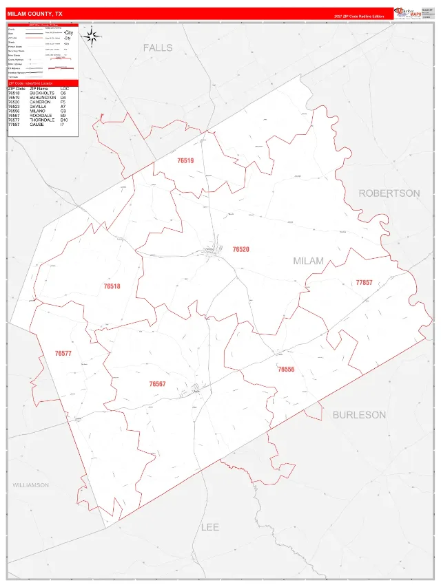 Milam County, TX ZIP Code Wall Map, RedLine style