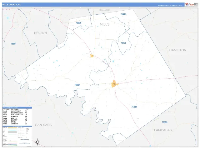 Mills County, TX ZIP Code Wall Map, Business Reference style