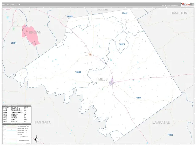 Mills County, TX ZIP Code Wall Map, Classic style