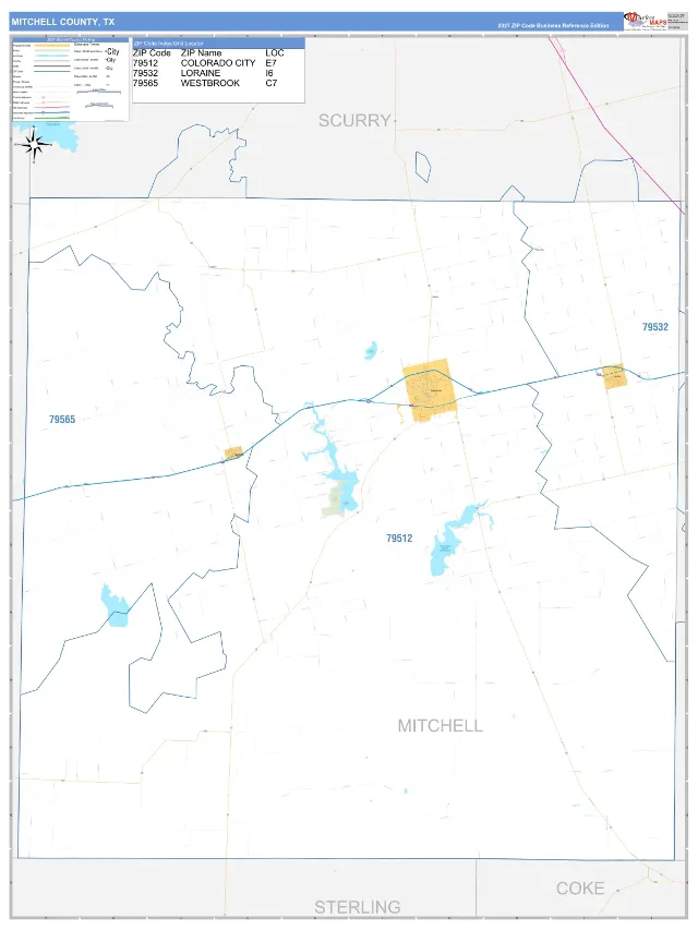 Mitchell County, TX ZIP Code Wall Map, Business Reference style