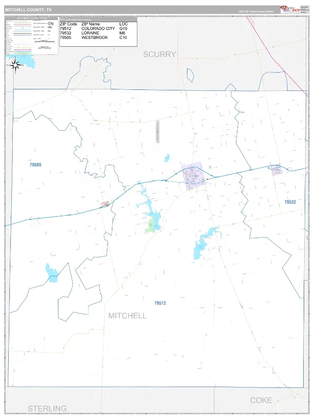 Mitchell County, TX ZIP Code Wall Map, Classic style