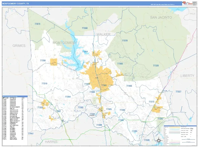 Montgomery County, TX ZIP Code Wall Map, Business Reference style