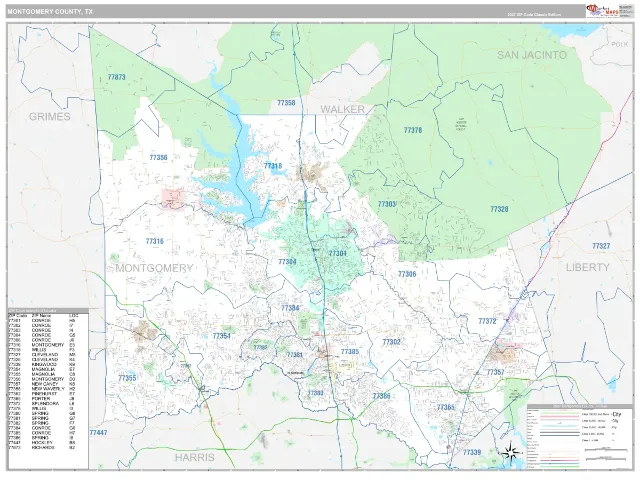 Montgomery County, TX ZIP Code Wall Map, Classic style