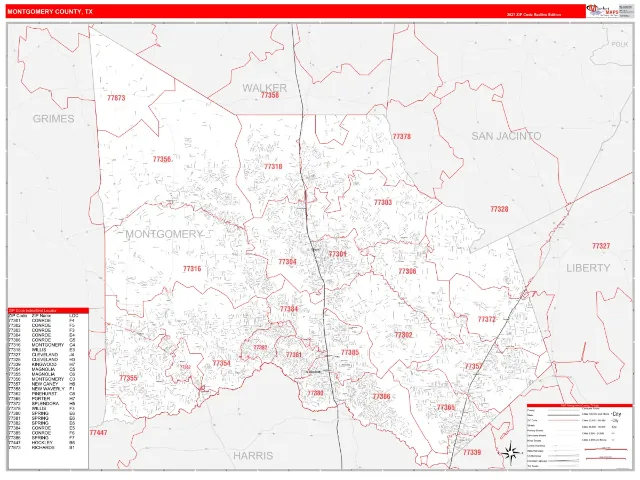 Montgomery County, TX ZIP Code Wall Map, RedLine style