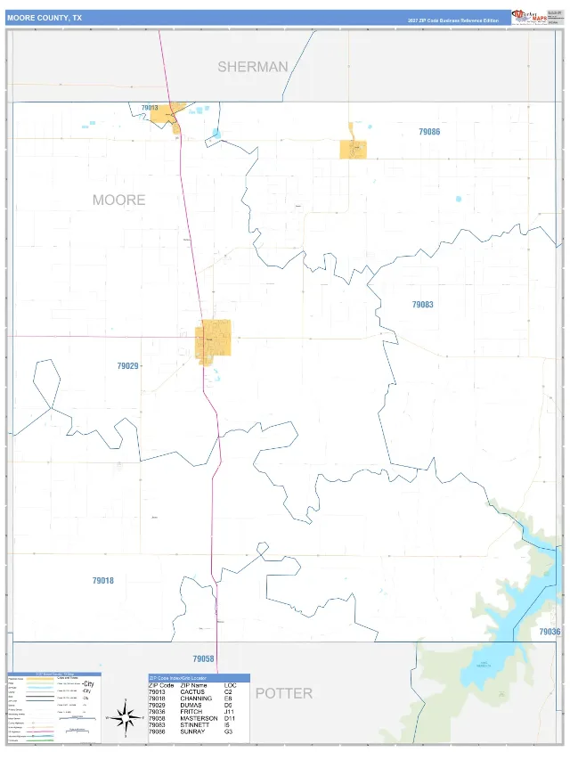 Moore County, TX ZIP Code Wall Map, Business Reference style