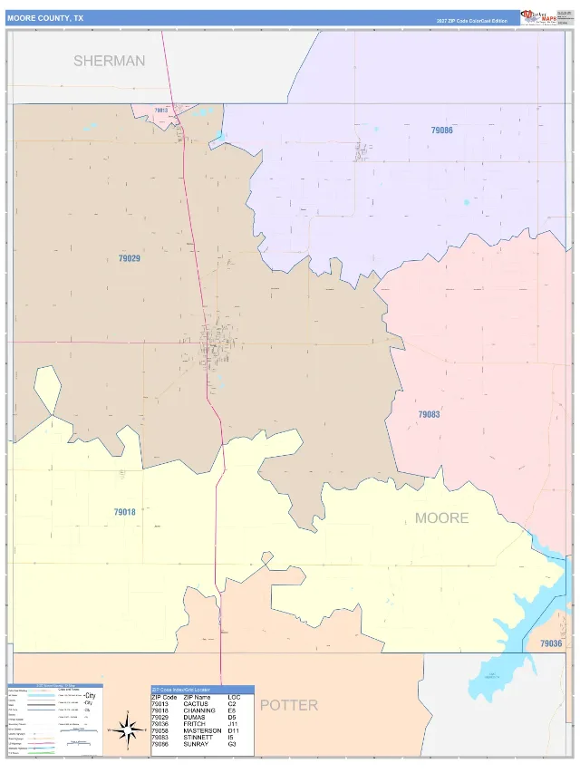 Moore County, TX ZIP Code Wall Map, ColorCast style