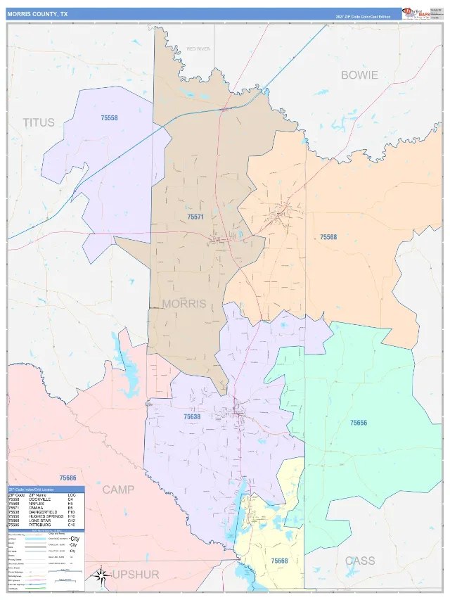 Morris County, TX ZIP Code Wall Map, ColorCast style