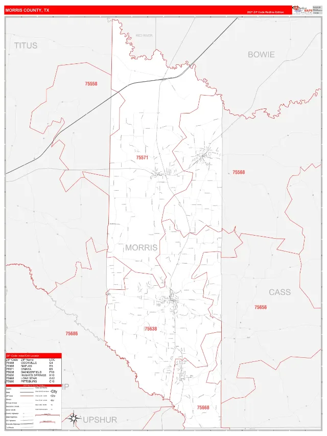 Morris County, TX ZIP Code Wall Map, RedLine style