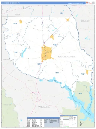 Nacogdoches County, TX Business Reference style ZIP Code wall map