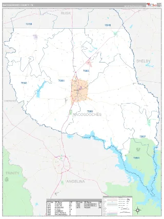 Nacogdoches County, TX Classic style ZIP Code wall map