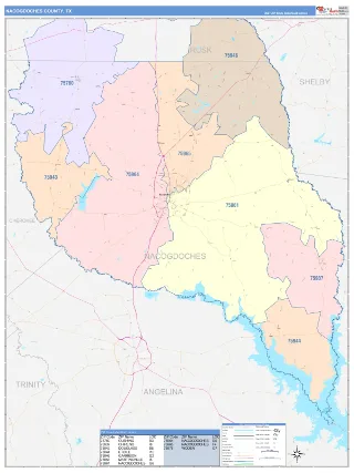 Nacogdoches County, TX ColorCast style ZIP Code wall map