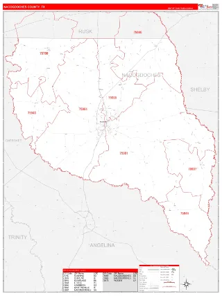 Nacogdoches County, TX RedLine style ZIP Code wall map