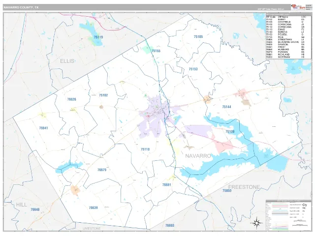 Navarro County, TX ZIP Code Wall Map, Classic style