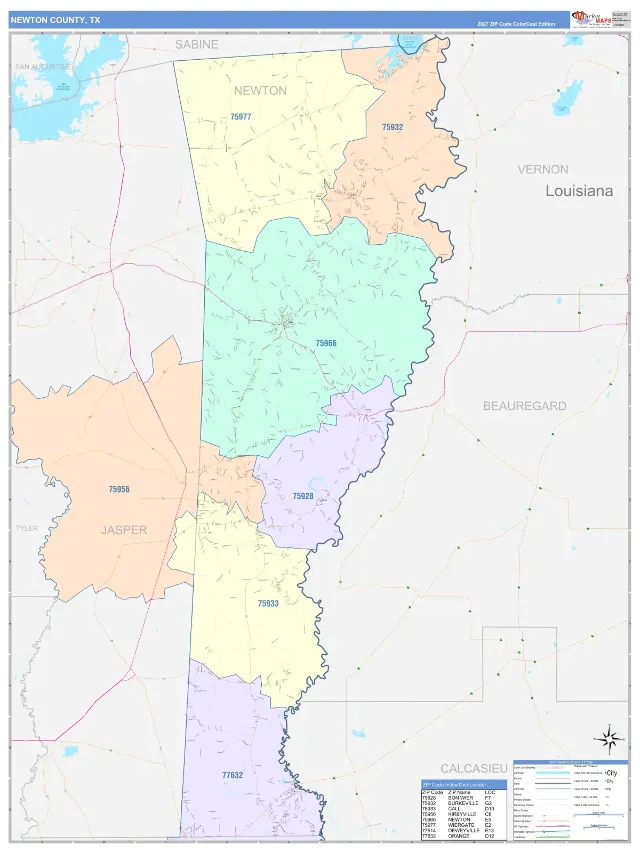 Newton County, TX ZIP Code Wall Map, ColorCast style