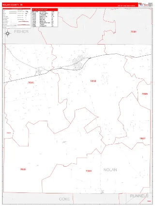 Nolan County, TX RedLine style ZIP Code wall map