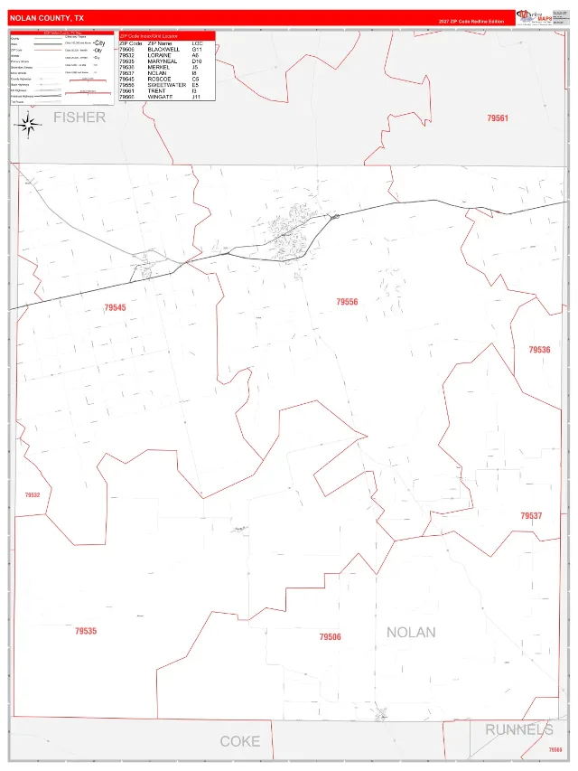 Nolan County, TX ZIP Code Wall Map, RedLine style