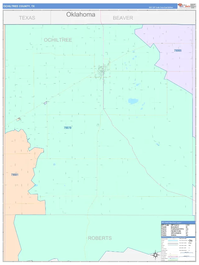 Ochiltree County, TX ZIP Code Wall Map, ColorCast style