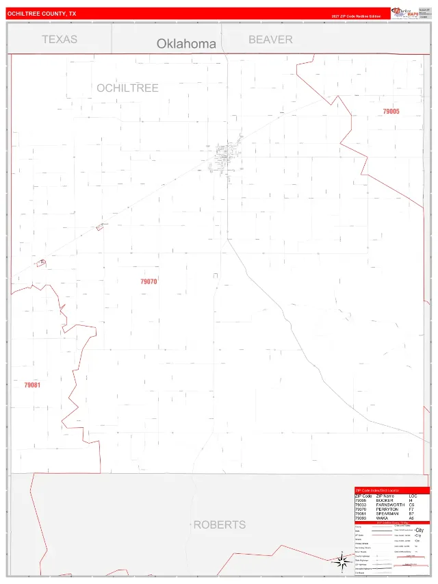 Ochiltree County, TX ZIP Code Wall Map, RedLine style