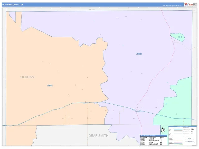 Oldham County, TX ZIP Code Wall Map, ColorCast style