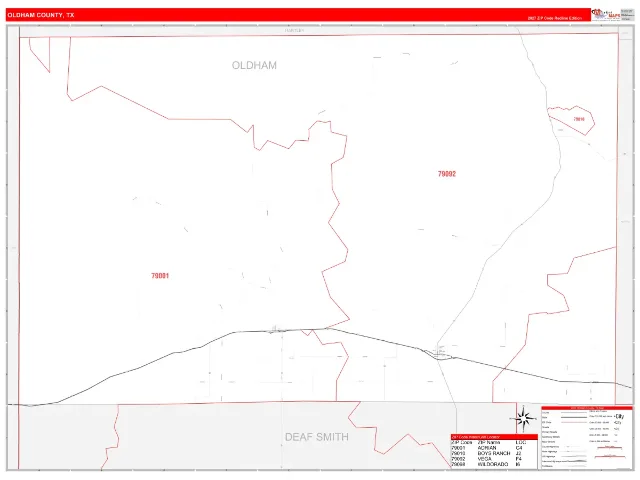 Oldham County, TX ZIP Code Wall Map, RedLine style