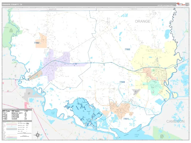 Orange County, TX ZIP Code Wall Map, Classic style