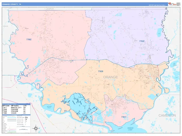 Orange County, TX ZIP Code Wall Map, ColorCast style