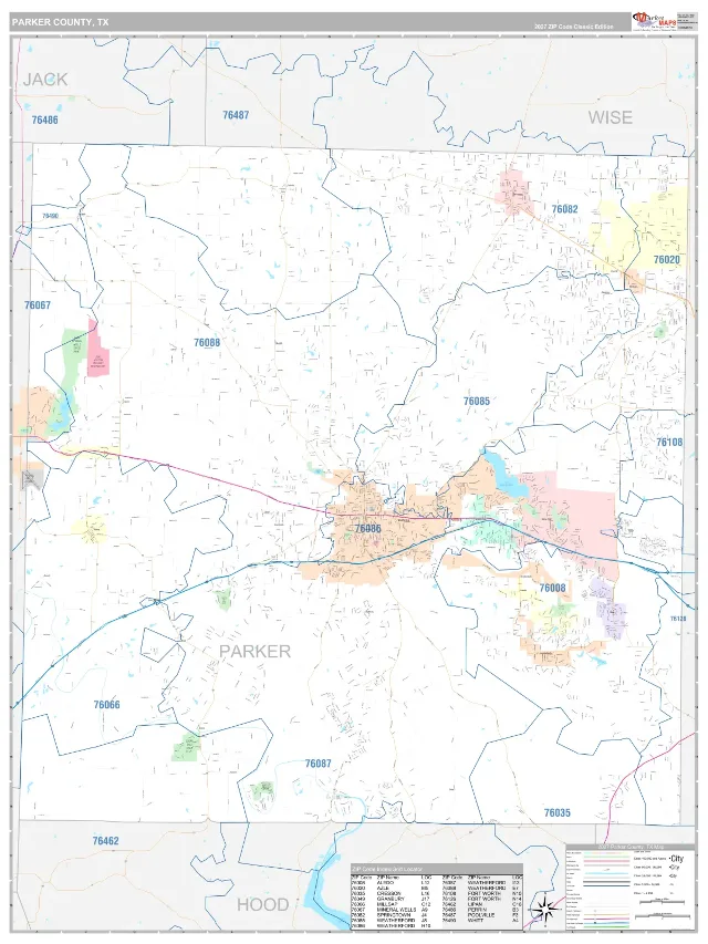 Parker County, TX ZIP Code Wall Map, Classic style