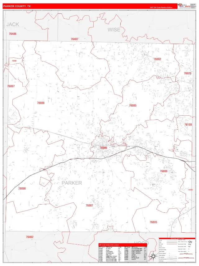 Parker County, TX ZIP Code Wall Map, RedLine style