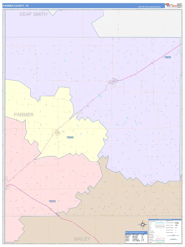 Parmer County, TX ZIP Code Wall Map, ColorCast style