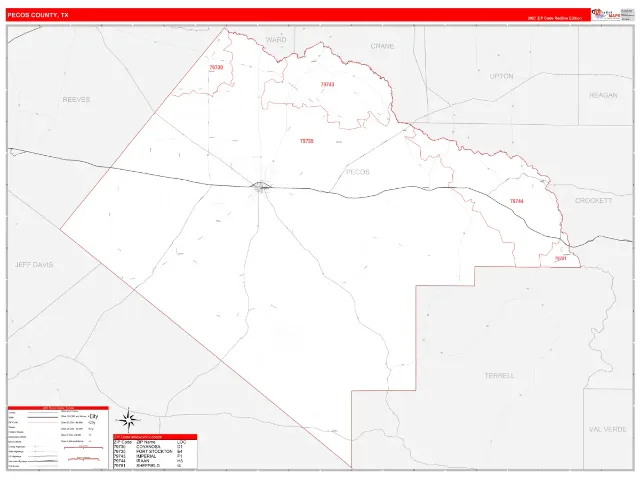 Pecos County, TX ZIP Code Wall Map, RedLine style