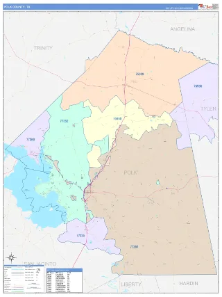 Polk County, TX ColorCast style ZIP Code wall map