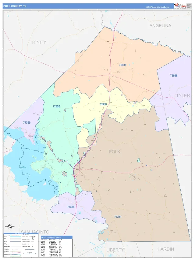 Polk County, TX ZIP Code Wall Map, ColorCast style