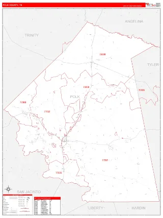 Polk County, TX RedLine style ZIP Code wall map