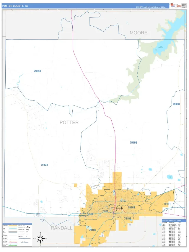 Potter County, TX ZIP Code Wall Map, Business Reference style