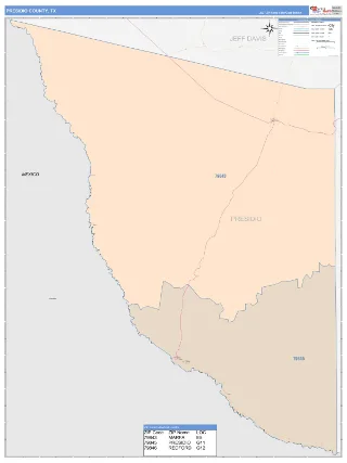 Presidio County, TX ColorCast style ZIP Code wall map