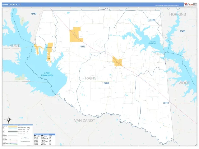 Rains County, TX ZIP Code Wall Map, Business Reference style