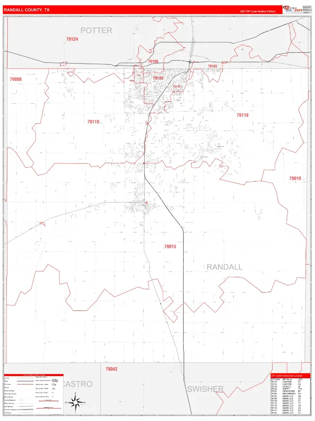 Randall County, TX ZIP Code Wall Map, RedLine style