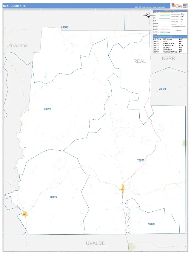 Real County, TX ZIP Code Wall Map, Business Reference style