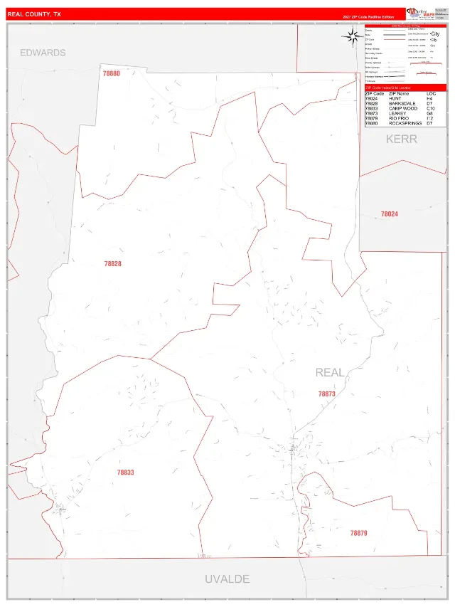 Real County, TX ZIP Code Wall Map, RedLine style