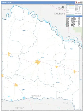 Red River County, TX Business Reference style ZIP Code wall map
