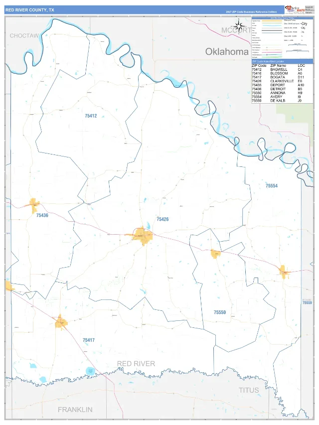 Red River County, TX ZIP Code Wall Map, Business Reference style