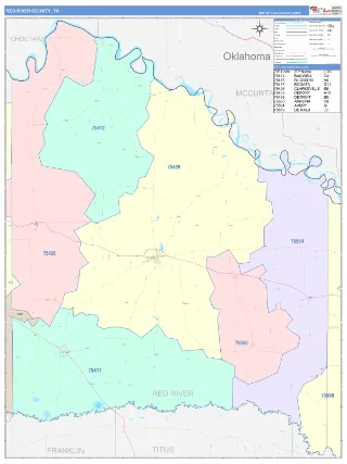Red River County, TX ColorCast style ZIP Code wall map