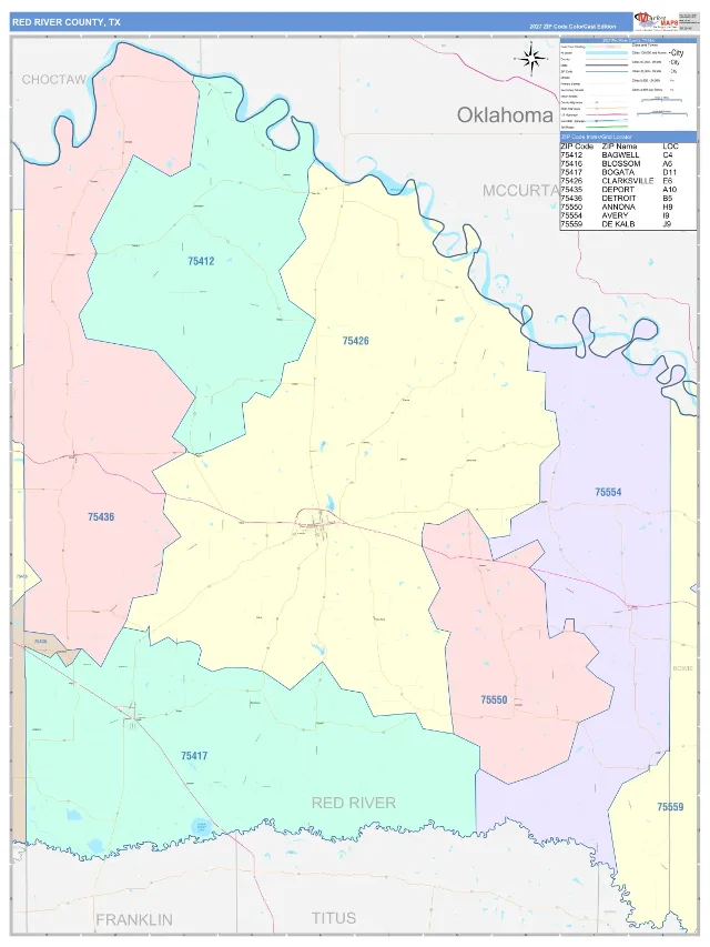 Red River County, TX ZIP Code Wall Map, ColorCast style