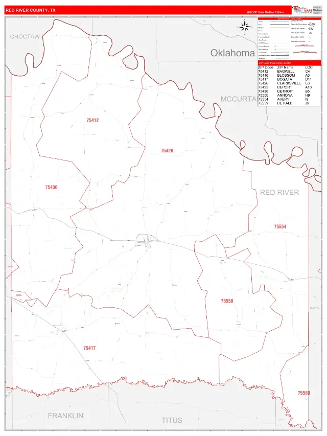 Red River County, TX ZIP Code Wall Map, RedLine style